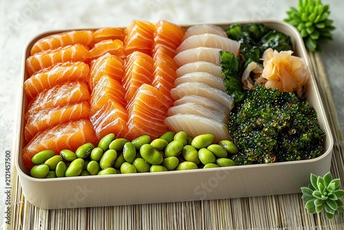 Japanese bento box with fresh salmon sashimi, scallop slices, edamame, seaweed salad, and pickled ginger on bamboo mat