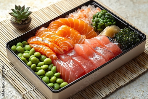 Fresh salmon and tuna sashimi bento with edamame seaweed and pickled ginger on bamboo mat, modern japanese cuisine