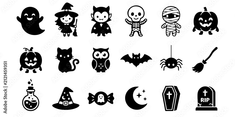 Fototapeta premium Set of Halloween icons featuring cute black silhouettes of ghosts, witches, vampires, skeletons, and pumpkins