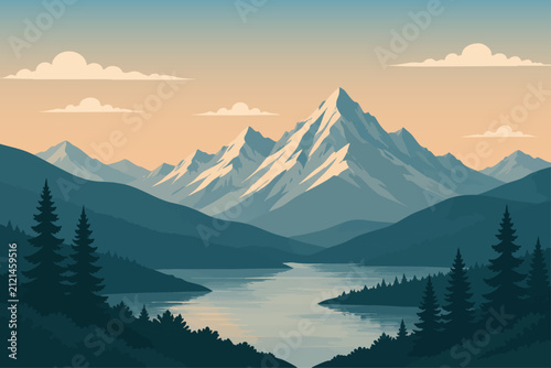Flat minimalist mountain landscape illustration with snow-capped peaks, lake, and pine forest at sunset