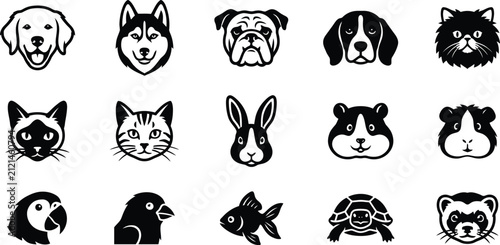 Obraz na płótnie Set of black and white icons featuring each unique animal face of popular domest