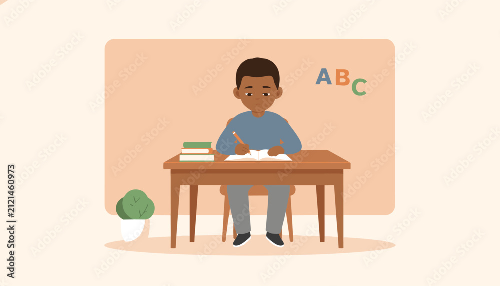 Fototapeta premium Young boy of African descent sitting at a wooden desk writing in his notebook during an elementary school lesson.