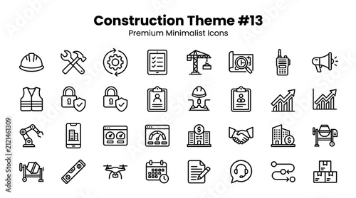 Set of construction tools and equipment icons in black and white