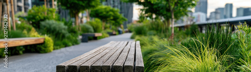 Urban park bench city walkway greenery summer outdoor landscape leisure Urban park bench city walkway greenery summer outdoor landscape leisure calm scene pathway with lush grass plant tree