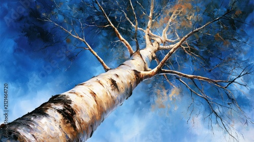 A majestic birch tree with a blue sky in the background, viewed from a low angle, with a clear blue sky and a few scattered clouds.