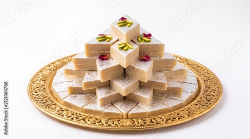 Stacked kaju katli indian diamond shaped cashew sweets served on golden platter on white background