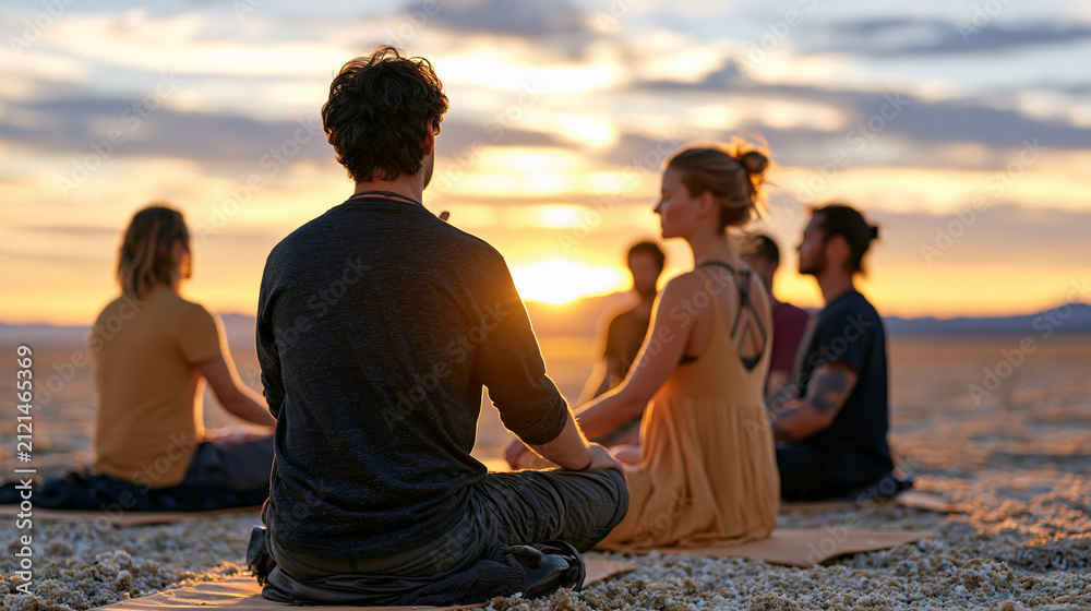 Fototapeta premium A meditation guide leads a small group seated in a dry salt flat at dusk, the empty desolate landscape stretching to the horizon, participants eyes closed on thin mats, windswept stillness amplifyin
