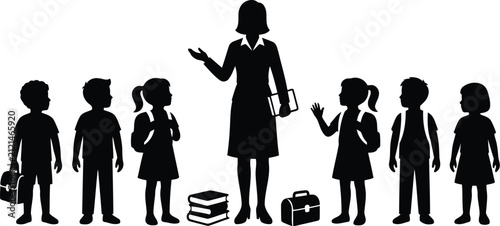 Teacher And Students Silhouette On White Background Educational Illustration children