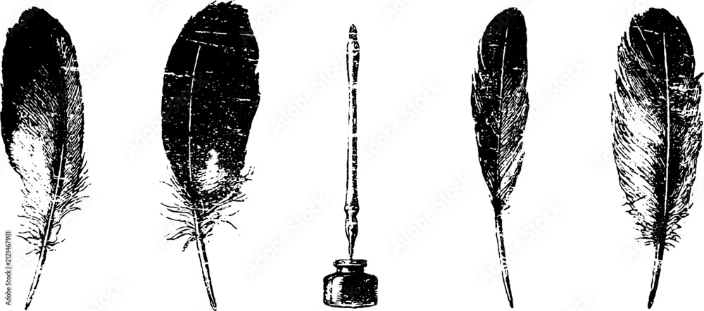 Obraz premium Grunge black and white raven feather and quill stencil set with inkwell for stationery background and vintage design