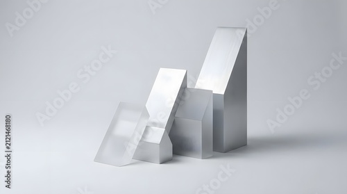 Abstract silver geometric monoliths on white studio background.