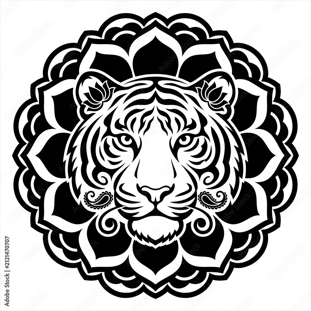 Fototapeta premium Tiger head surrounded by intricate mandala pattern design