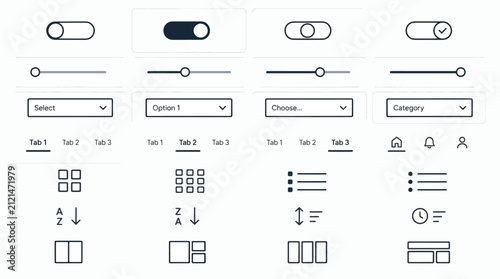 Collection of modern UI elements including toggles, sliders, dropdowns, tabs, and icons for web and.