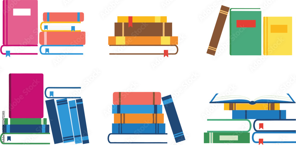 Fotografie Colorful Hardcover Book Stack Vector Set Featuring Open Closed and Standing Text