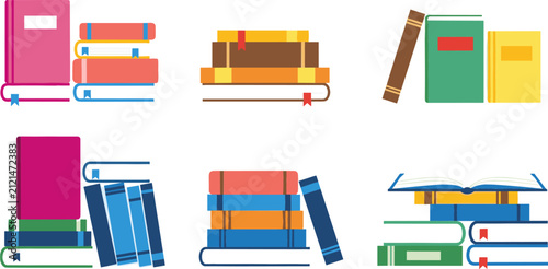 Fotografie Colorful Hardcover Book Stack Vector Set Featuring Open Closed and Standing Text