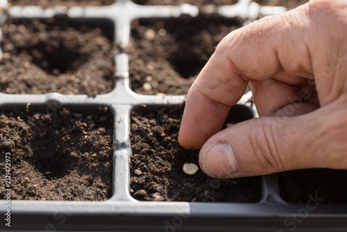 Gardener hand sowing a seed into a seed tray of damp compost