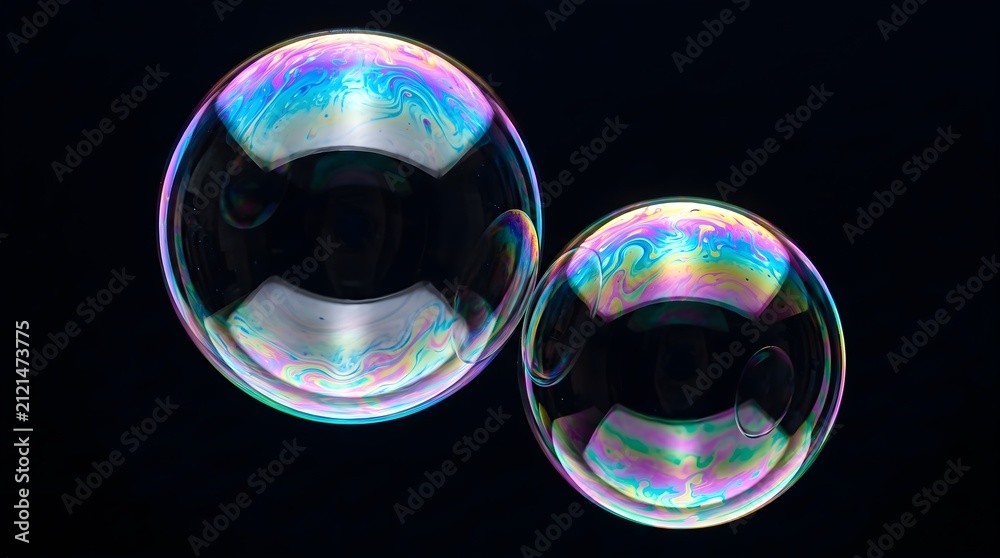 Fototapeta premium Two colorful soap bubbles with iridescent surfaces floating against a dark background, capturing light reflections and vivid rainbow colors