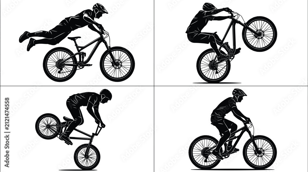 Fototapeta premium Set of BMX Bike Rider Silhouettes Vector Illustration Showing Extreme Stunts, Jumps and Tricks, Cyclist Riding Bicycle in Different Poses