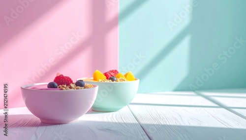 Healthy yogurt bowls with fresh berries in bright light.