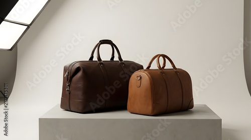 Brown leather duffel bags on concrete block.