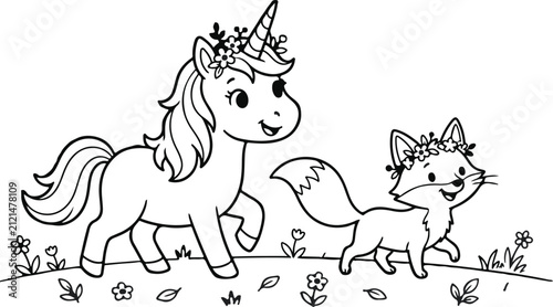 Cute unicorn and little fox walking together in a meadow for a fun kids coloring page activity