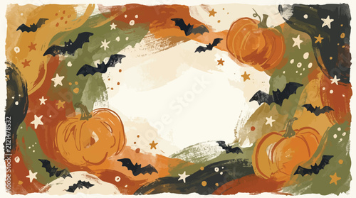 Watercolor Halloween frame background with orange pumpkins, flying bats, and stars around central copy space.
