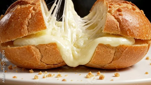 Freshly Baked Cheese Bread Roll with Gooey Filling Set on a White Plate Surrounded by Crumbs and Expertly Sliced for Gourmet Presentation