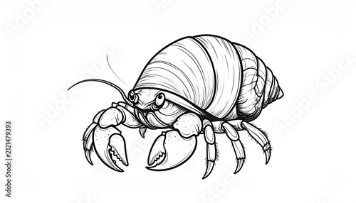 Hermit crab black and white line art illustration