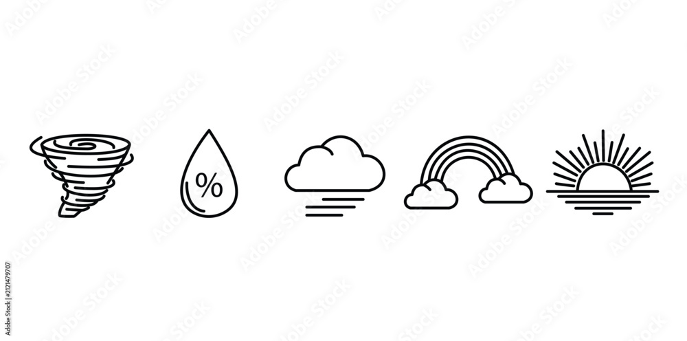 Obraz premium Weather Icon Set Tornado Rainbow Cloud Sun Humidity Outline Vector Illustration Line Flat Design Isolated Black White Symbol