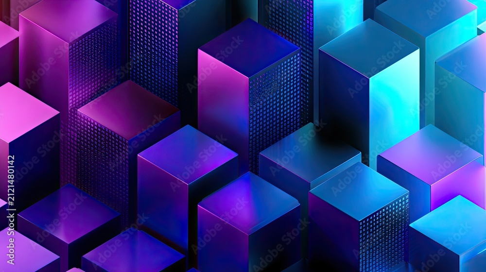 Obraz premium Abstract geometric cityscape with neon purple and blue shimmering metallic blocks