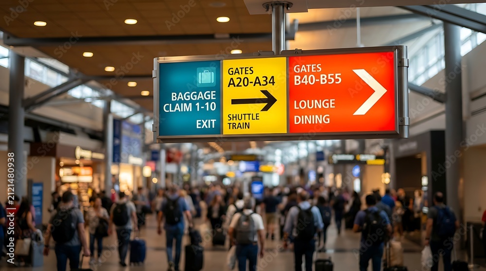 Fototapeta premium Airport gate signs directing to gates and baggage claim with shuttle train