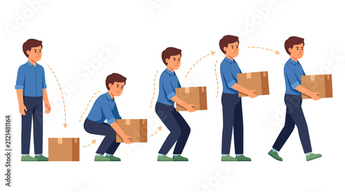 Corporate Employee Carrying Large Brown Boxes Through Sequential Workflow Steps in Blue Shirt and Dark Pants