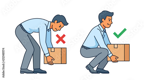 Corporate Employee Demonstrating Correct and Incorrect Ways to Lift Boxes with Proper and Improper Posture