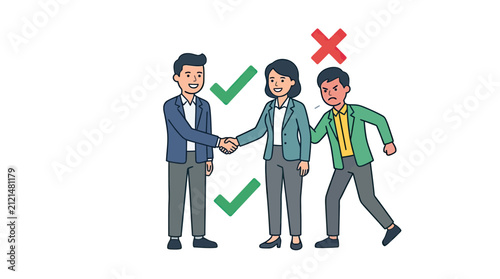 Corporate Handshake Success and Rejection with Green Checkmarks and Red Cross Professional Business Concept