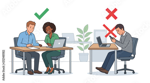 Corporate Meeting Etiquette Face to Face Collaboration vs Distracted Remote Work Illustrated with Office Scenes