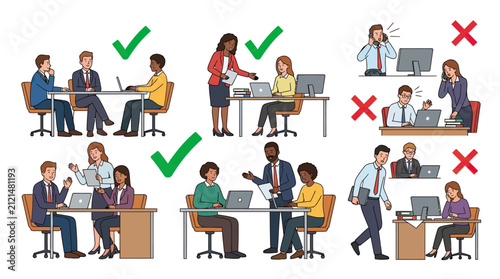Corporate Meeting Etiquette Illustrations of Proper and Improper Virtual and In Person Workplace Interactions with Check Marks and X s