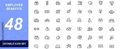 Foto Employee benefits icon set with workplace perks, bonus, compensation, payroll, r