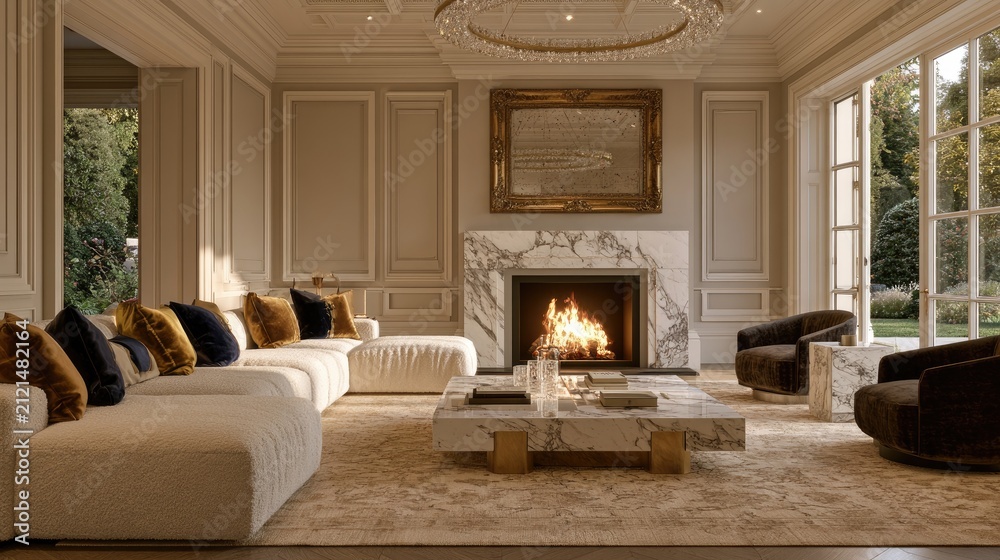 Fototapeta premium Luxurious living room with fireplace, elegant furniture, and natural light