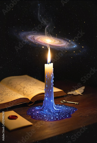 A glowing candle on a wooden table melts into a pool of sparkling, cosmic blue wax, near an open book of constellations. The smoke twists upward to form a spiral galaxy floating in a dark, starry sky