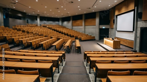 Empty university lecture hall. Modern college auditorium with wooden desks and projector.