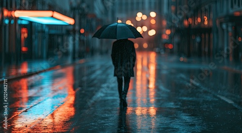 Lone figure walks down a wet, neon-lit city street under an umbrella