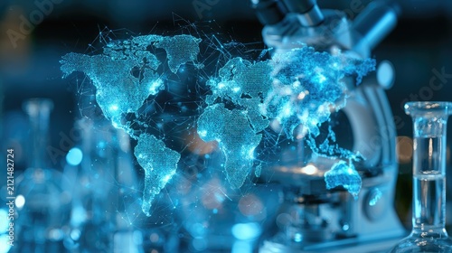 Global scientific research network illuminated on world map overlaying lab equipment
