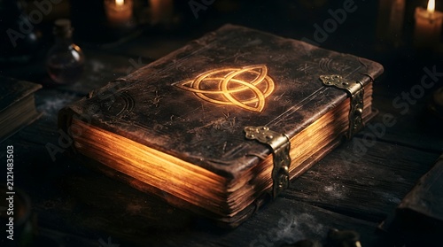 Old leather spellbook with glowing golden triquetra symbol