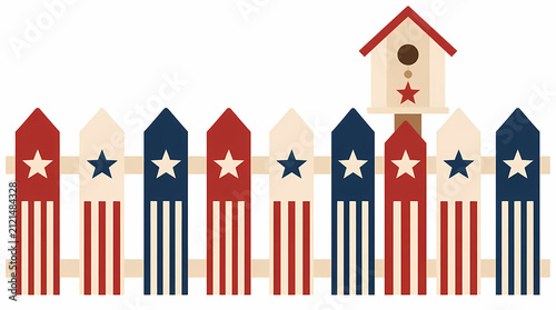 American flag themed picket fence with birdhouse mounted on featuring white and blue stars stripes patriotic design