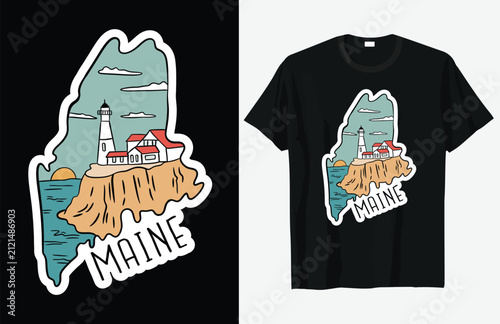 Maine coastal scene vector illustration with lighthouse and shoreline