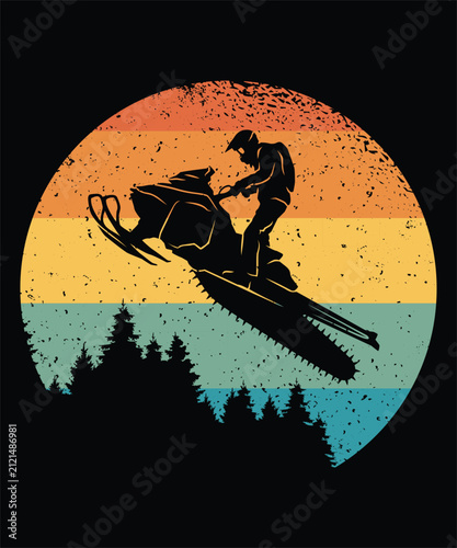 Snowmobile Silhouette Against Sunset Background Distressed Vector Illustration