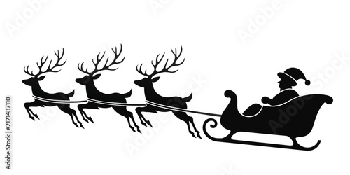 Fotografie Santa Claus And Reindeer Sleigh Silhouette On White Background