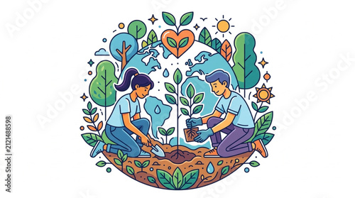 Illustration of people gardening together in harmony with nature.