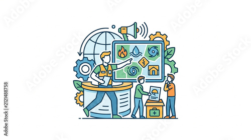Illustration of teamwork in modern technology workspace.