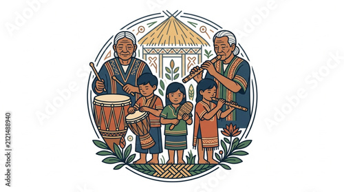 Indigenous family celebrating cultural heritage together.