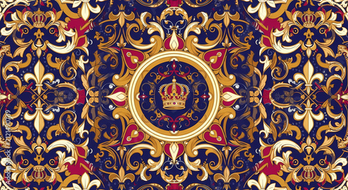Elegant Seamless Royal Baroque Pattern with Crowns and Gold Ornaments